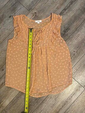 Women’s Sleeveless Blouse, Mine Coral/Beige Sheer Shirt with Lace Accents
